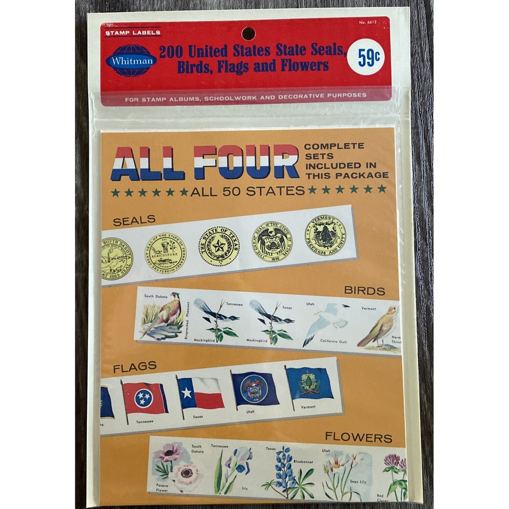 Vintage Whitman #6612 Stamp Labels 200 US State‎ Seals, Birds, Flags & Flowers